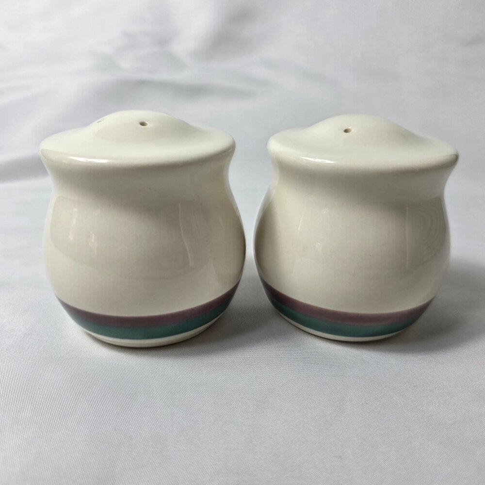 Pfaltzgraff Juniper Salt & Pepper Shakers Ivory with Mauve and Green Bands